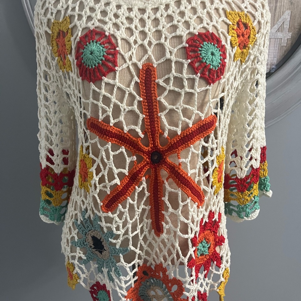 16- Crochet Floral Women Top - Cream, Orange, Red
